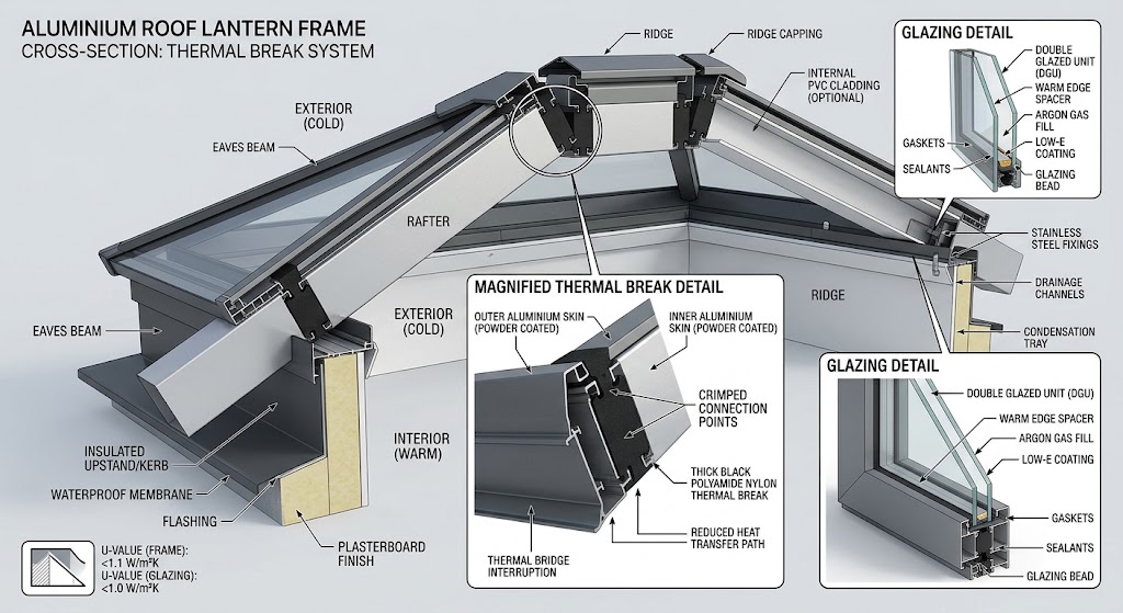 Close up diagram of polyamide thermal break separating aluminium profiles