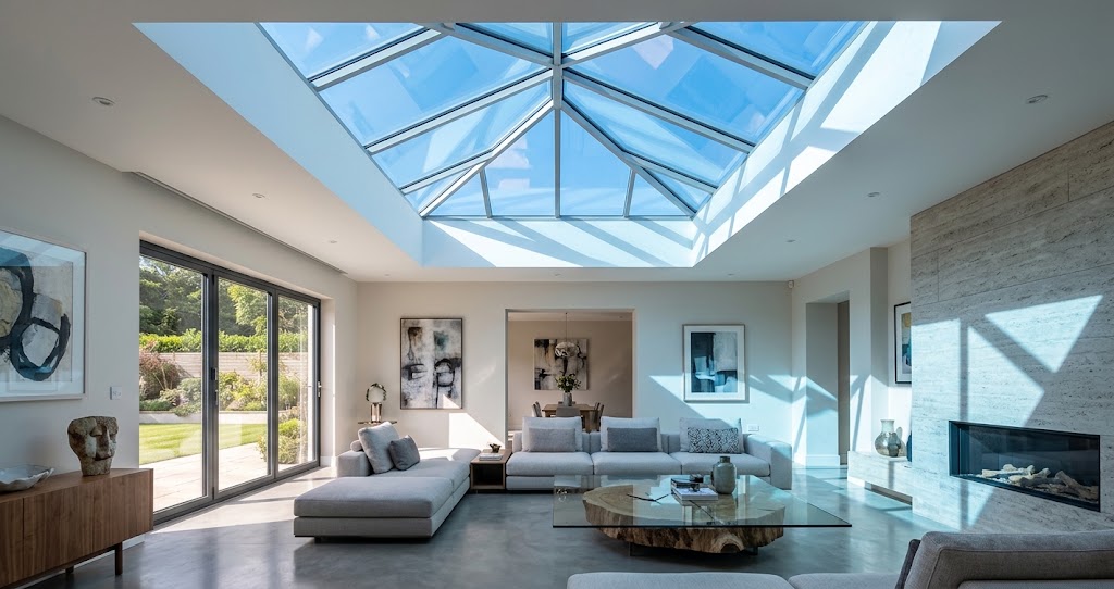 Modern interior featuring 3-way aluminium roof lantern with solar control glass