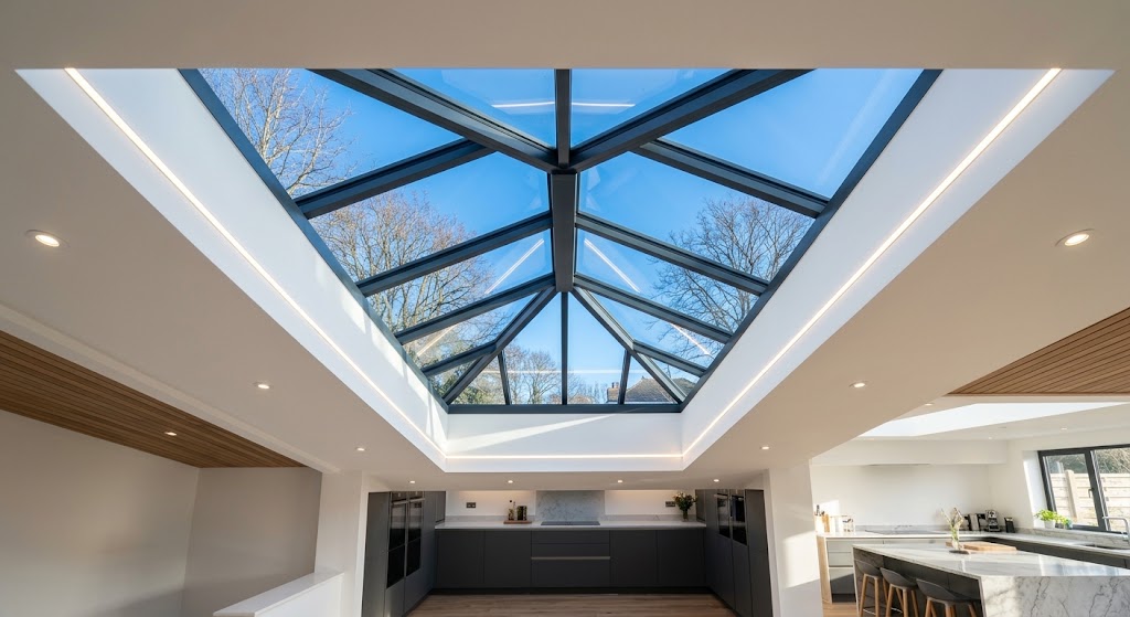 Modern kitchen extension featuring a condensation-free dark grey aluminium roof lantern against a blue sky